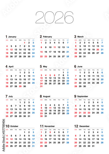 2026年の日曜始まりの年間カレンダーです。縦位置
