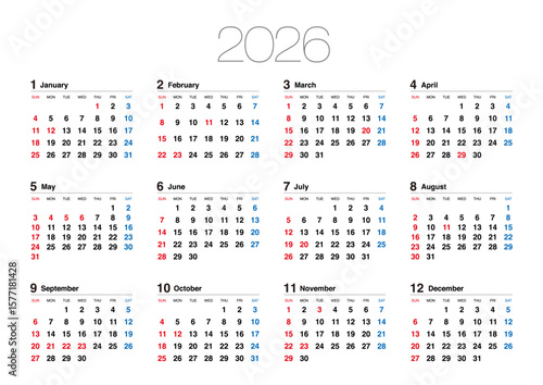 2026年の日曜始まりの年間カレンダーです。横位置
