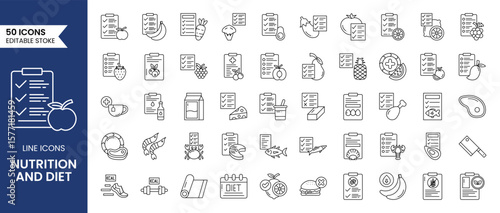 Nutrition and diet line editable icon set. Containing vegetables, food, diet, health, vitamins, minerals, fruits and more. Vector illustration