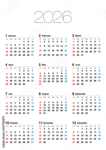 2026年の日曜始まりの年間カレンダーで、日本の祝日表記はありません。縦位置	
