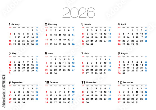2026年の日曜始まりの年間カレンダーで、日本の祝日表記はありません。横位置	
