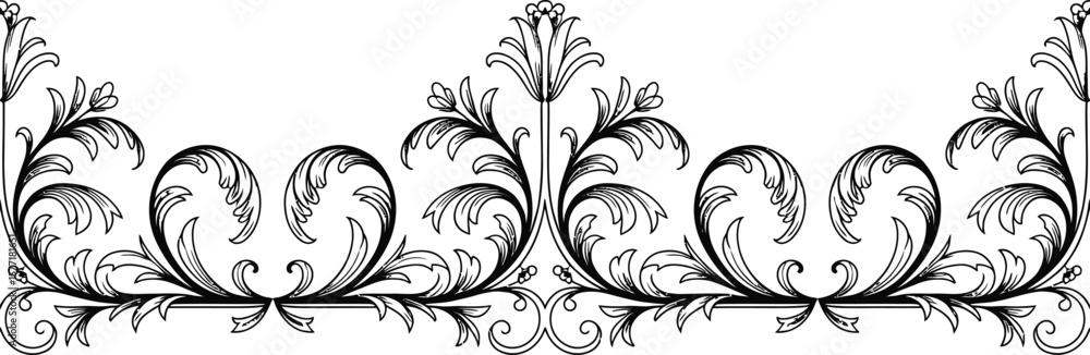 Black Floral Border Design with Leaves and Swirls white Black Floral Border Design with Leaves and Swirls white