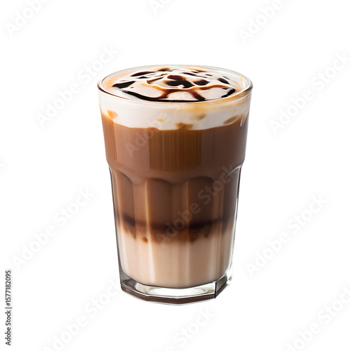 Mocha is a coffee drink  in a clear glass in a minimalist style., isolated on transparent background