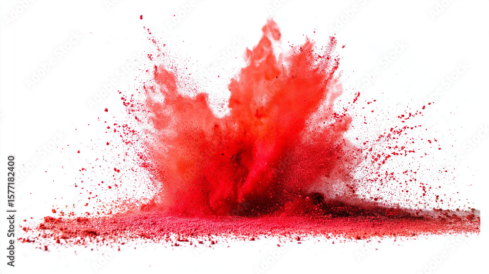 A festive explosion of red powder in mid-air against a clean white background. A festive explosion of red powder in mid-air against a clean white background.