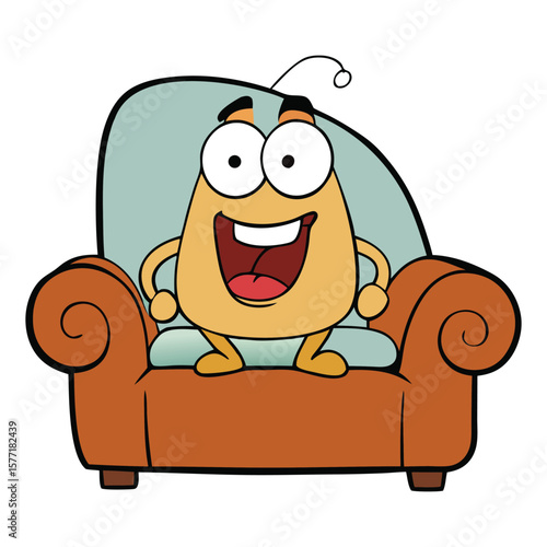 Lazy potato cartoon on a couch, holding chips and soda, saying “Just five more minutes.” Fun, relatable design for humor, laziness, or relaxed lifestyle themes.
