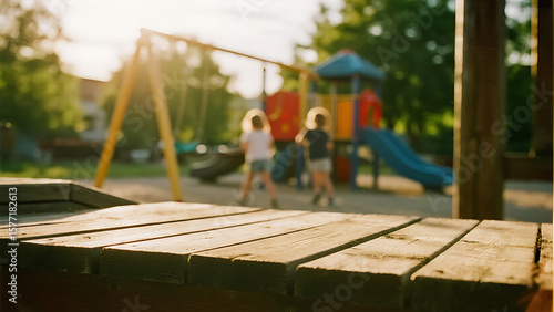 Wallpaper Mural Wooden table overlooking playground with children and slide in the background during daytime Torontodigital.ca