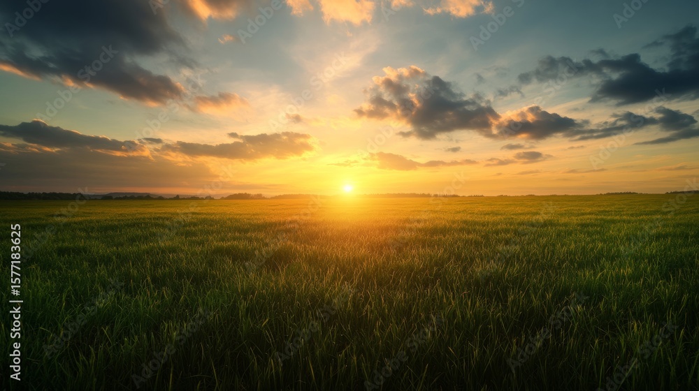peaceful meadow under a dramatic sunset sky, serene and warm