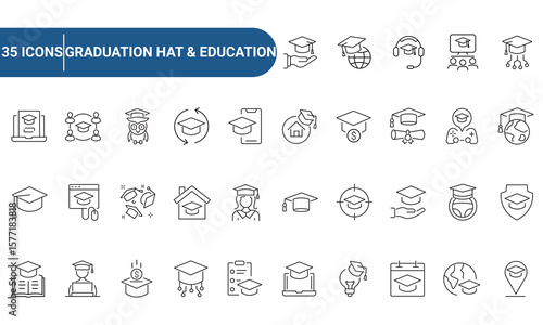 graduation hat and education Web Icons Set in Line or outline Style related to graduation hat, education. Icons for web and mobile app. Linear icons collection. Editable strokes. Vector illustration.