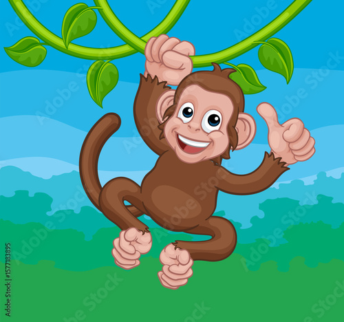 A monkey cartoon character singing on jungle vines and giving a thumbs up