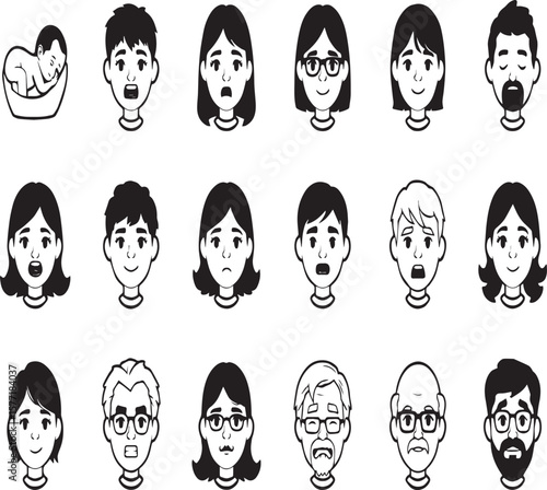 Cartoon faces showing human aging process from baby to elderly on a white background clearly staged