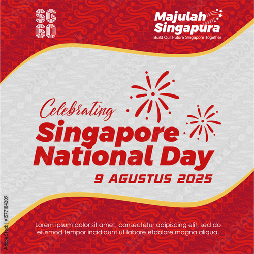 60th Anniversary of Singapore National Day 2025 vector Illustration with beautiful red white batik background, SG60 text, festive fireworks and Majulah Singapura logo. Vector illustration