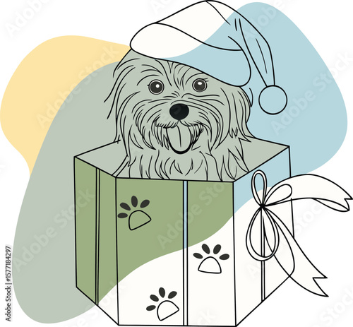 Adorable fluffy dog wearing a santa hat peeking out of a festive gift box with paw prints