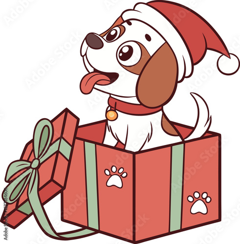 Adorable cartoon puppy wearing a santa hat peeking out of a festive red gift box