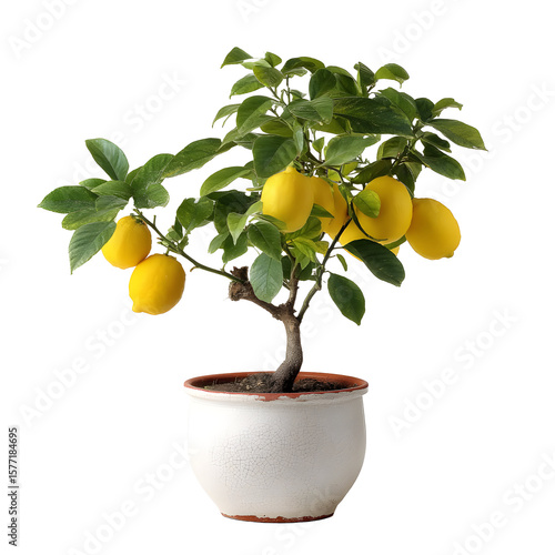 Vibrant lemon tree in a pot against a dark background showcases freshness and growth