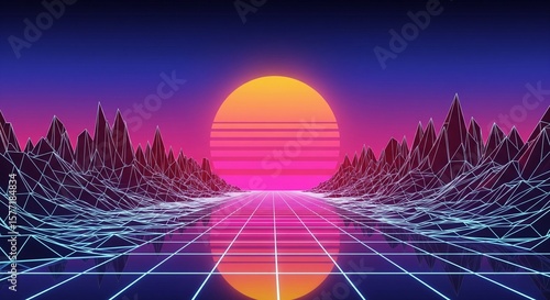 80s Retro-Futuristic Synthwave Landscape with Neon Grid Mountains
