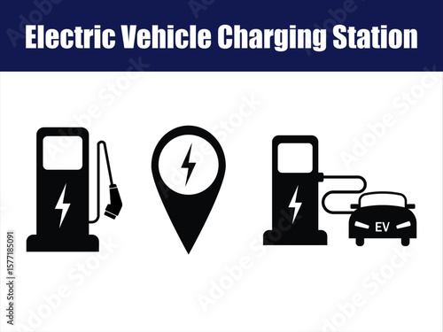 Electric Vehicle Charging Station Icons with Location Pin Marker