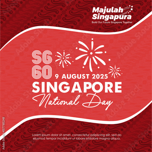 60th anniversary of Singapore independence day 2025 red batik banner. 60th Singapore National Day 2025 greeting design. Best for business,greeting card,events, promos, feed, flyer, template, banner