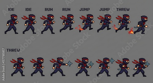 Pixel ninja animation sprite sheet displaying idle, run, jump, and throw actions for game development projects.