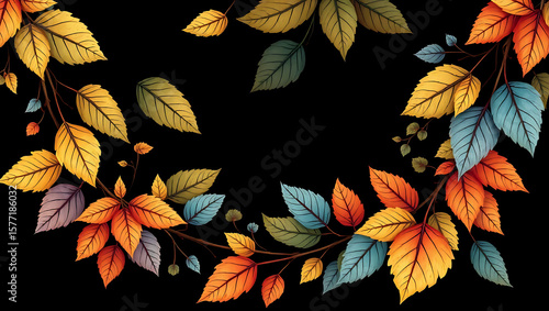 a curved border of autumn leaves in orange, yellow, green, and blue tones against a black background, showcasing detailed leaf textures and arrangement, 8K image