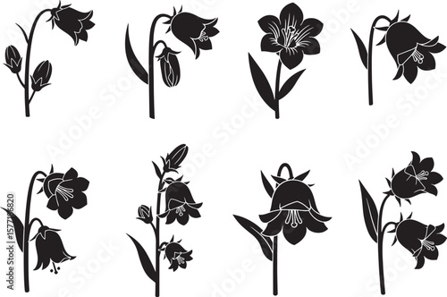 Detailed silhouettes of various bellflower and lily-like blossoms, ideal for elegant botanical illustrations, nature-themed branding, and decorative floral design projects