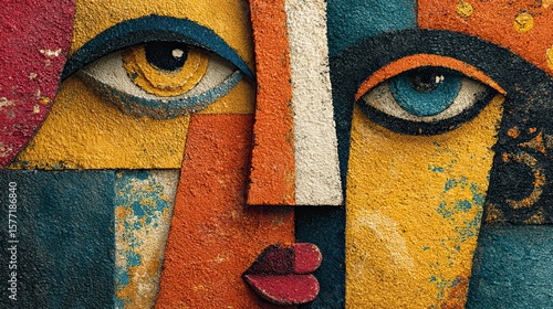 Graffiti abstract faces wall with colorful urban street art, contemporary mural concept for decor, art prints, and advertising