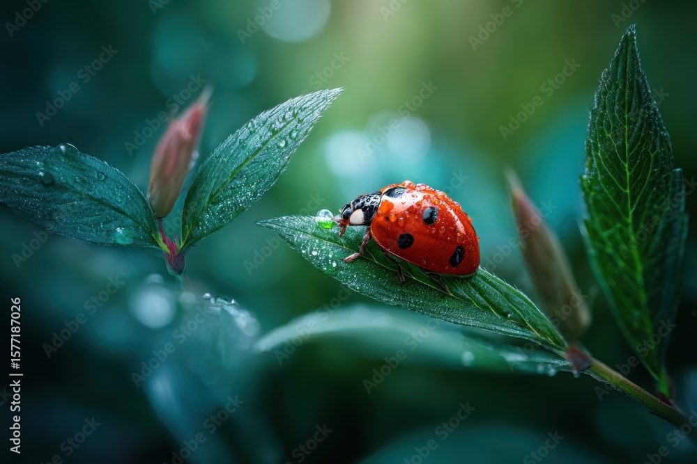 Fototapeta premium Bright ladybug resting on green leaves covered in morning dew