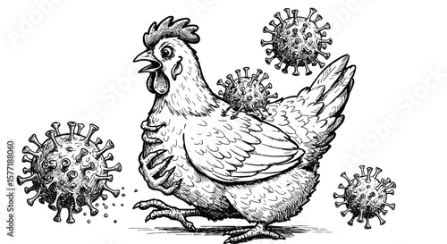 Sketch of viruses attacking a chicken, black and white illustration

