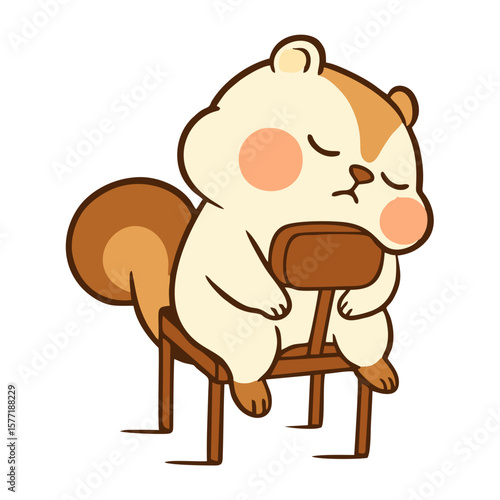 Cute cartoon squirrel mascot sleeping or tired, slumped over a chair, conveying rest, exhaustion, or a lazy mood.