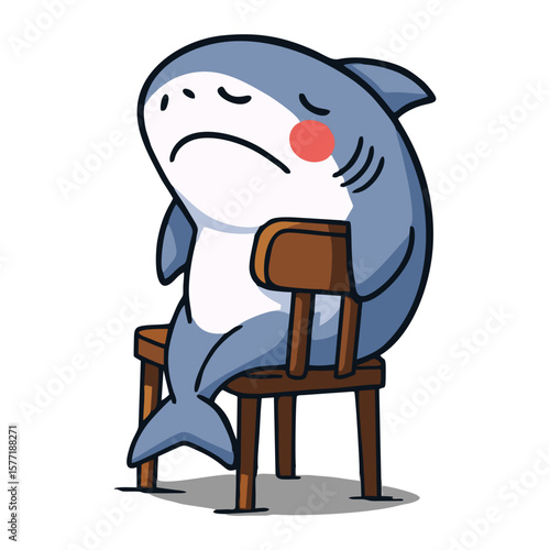 Cute cartoon shark mascot appearing sad or tired, slumped on a chair, conveying fatigue, disappointment, or boredom.