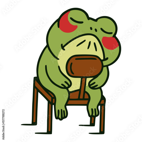 Cute cartoon frog mascot sleeping or tired, slumped over a chair, conveying rest, exhaustion, or a lazy mood.