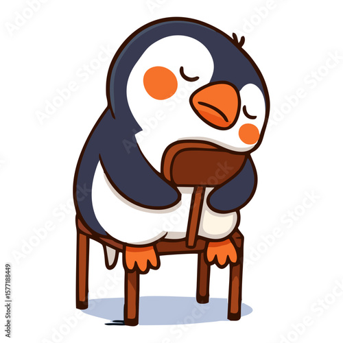 Cute cartoon penguin mascot sleeping or tired, slumped over a chair, conveying rest, exhaustion, or a lazy mood.