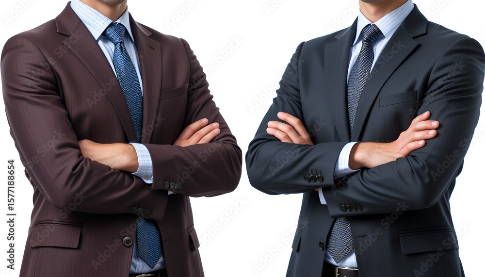 © Usama - Two confident businessmen standing with arms crossed wearing suits on a transparent background, showcasing professionalism and teamwork.