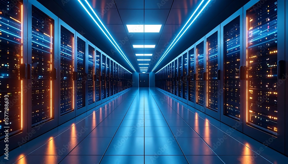 Obraz premium Futuristic Data Center Corridor Server Racks with Neon Lights Technology.