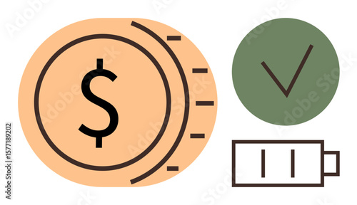 Dollar coin next to checkmark and battery icon highlighting saving, efficiency, success, energy, productivity, sustainability, and monetary growth. Ideal for business, finance energy