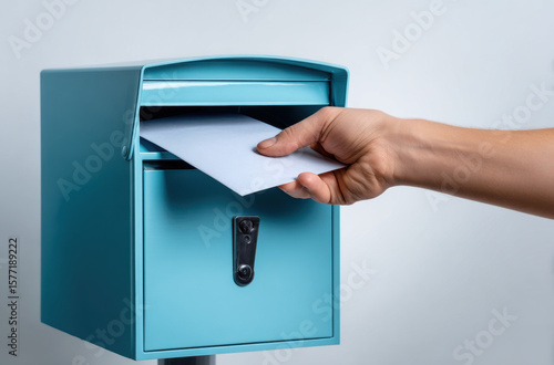 Close-up of a hand placing a letter in a blue mailbox against a white background. October 9 - World Postal Day