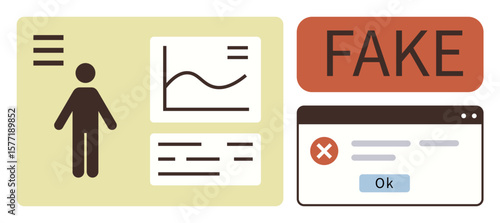 Human icon beside charts and data, fake warning, error message in browser pop-up. Ideal for fraud detection, cybersecurity, identity theft, misinformation, online security, data analysis simple flat