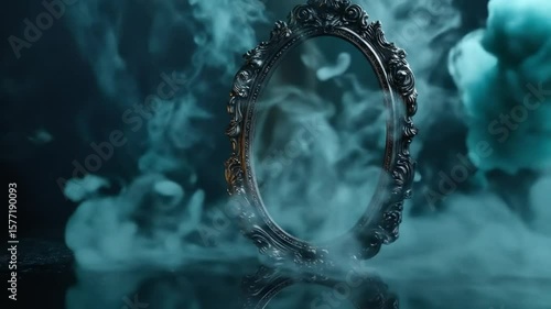 Ornate antique mirror shrouded in swirling teal smoke.  Reflecting an unseen void
