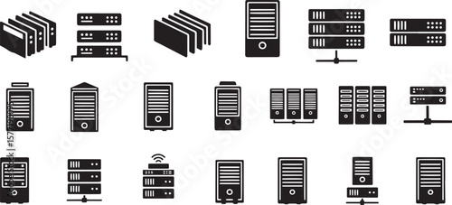 Detailed vector icons of server racks and data storage, ideal for IT infrastructure, networking, cloud computing, and digital technology concepts