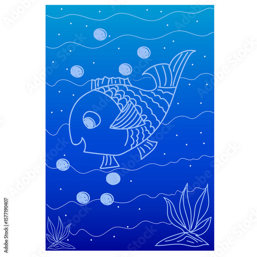 hand drawn fish, weed vector illustrations with brush rough doodle sketch style. for Summer vacation elements blue ink style. Drawings for poster, business or post card print.