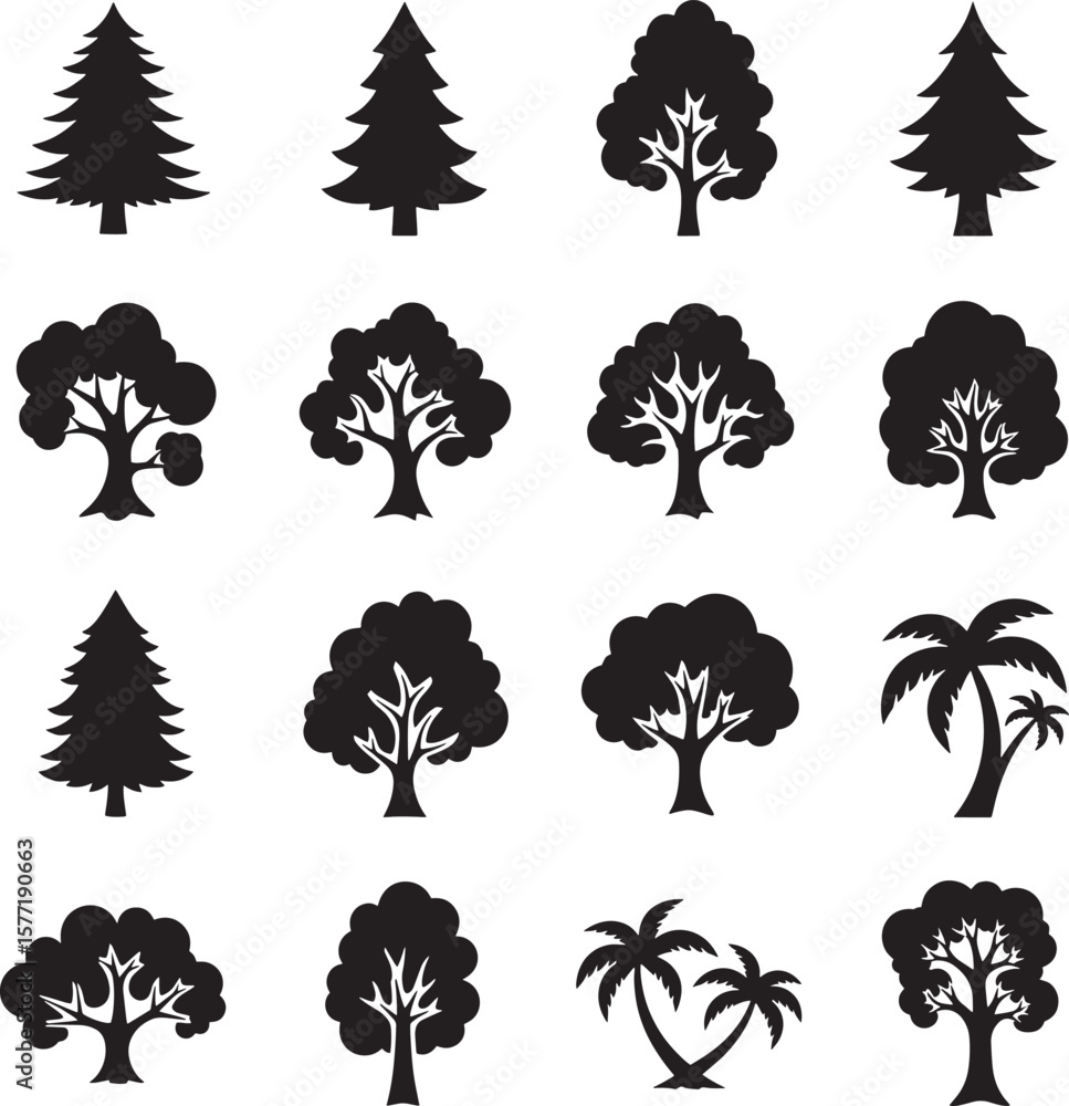 Fototapeta premium A diverse collection of tree silhouettes, including various evergreen, deciduous, and palm tree shapes, perfect for nature, landscape, and environmental design projects