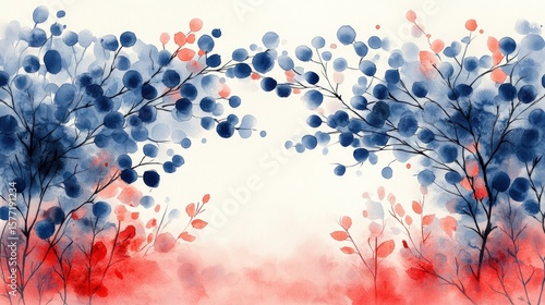 Abstract watercolor painting of branches and leaves in shades of blue and red