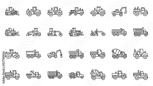 Construction Vehicle Line Icon Set – Bulldozer, Loader, Grader, Paver, Roller, Mixer, Hauler Vector Illustration

