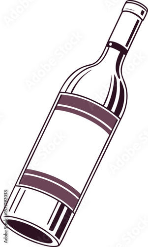 Stylized illustration of a wine bottle with a blank label and dark purple accents tilted on a white background