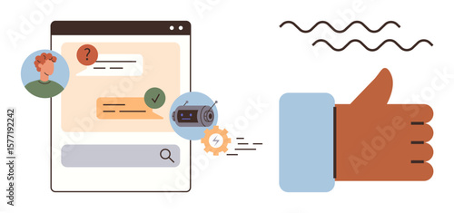 Chat interface with user, bot automation illustrated by a gear and radio-thumbs up icon, and a thumbs-up symbolizing agreement or approval. Ideal for communication, automation, AI, user experience