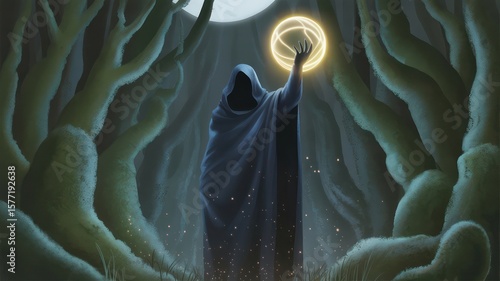 Figure in cloak raising hand to glowing orb in dark forest with strange trees and moon above them
