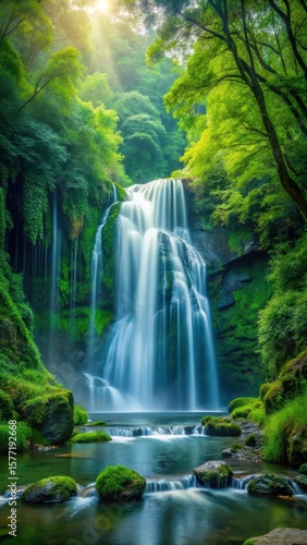 waterfall in midst of green forest