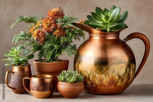 Wallpaper Mural Copper jug and clay cups with floral high resolution image Torontodigital.ca
