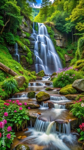 waterfall cascading down rocks into a serene forest stream amidst lush greenery and vibrant wildflowers