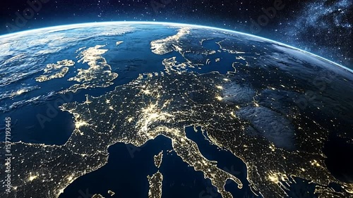 Spectacular view of planet earth at night, city lights illuminating europe, earth from space
