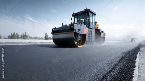 A black road roller presses new asphalt on a highway during road construction work, showing smooth pavement, civil engineering, and heavy machinery in progress